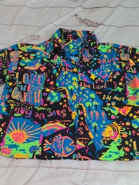Vintage 80s 90s Cranston Neon Novelty Print Shirt Handmade Button Up USA Fabric